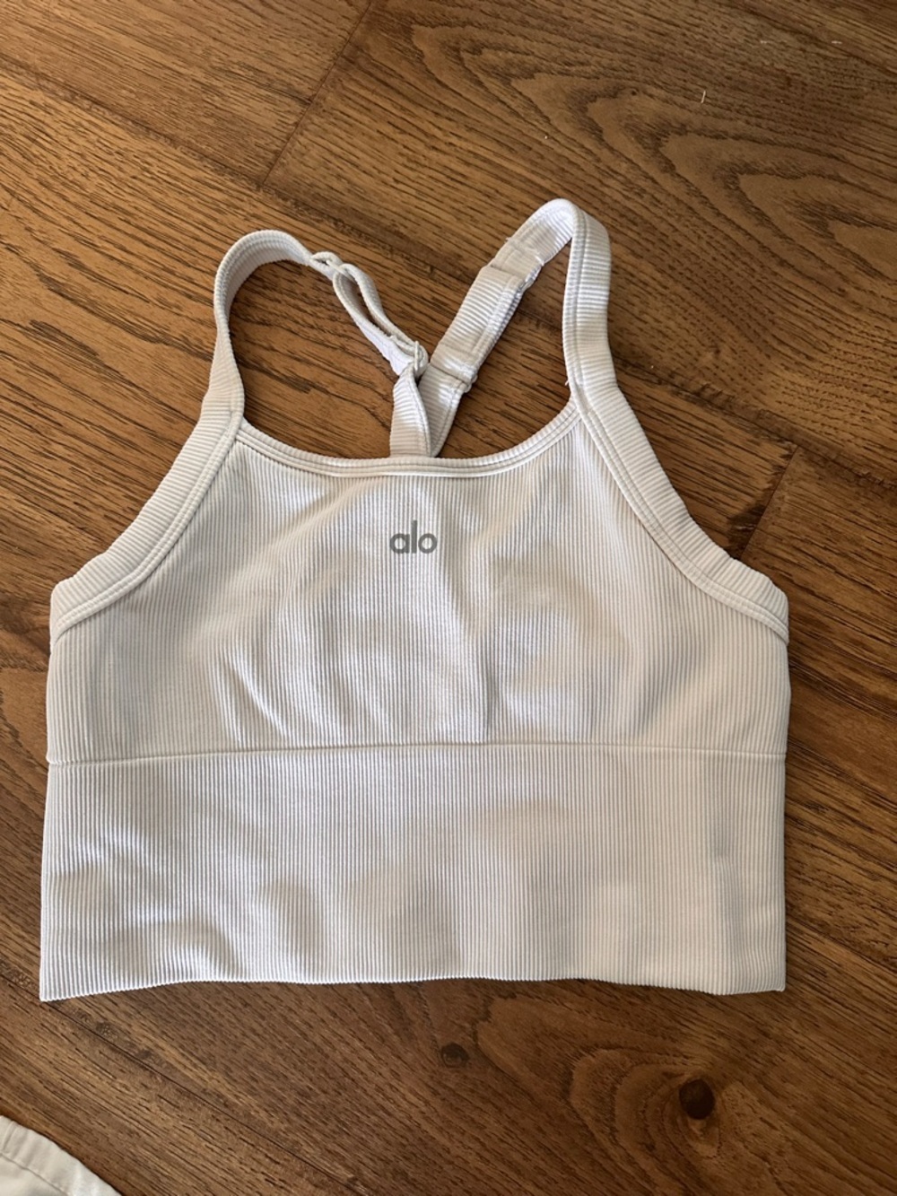 ALO Yoga White Ribbed Crop Sports Bra with Thin Straps